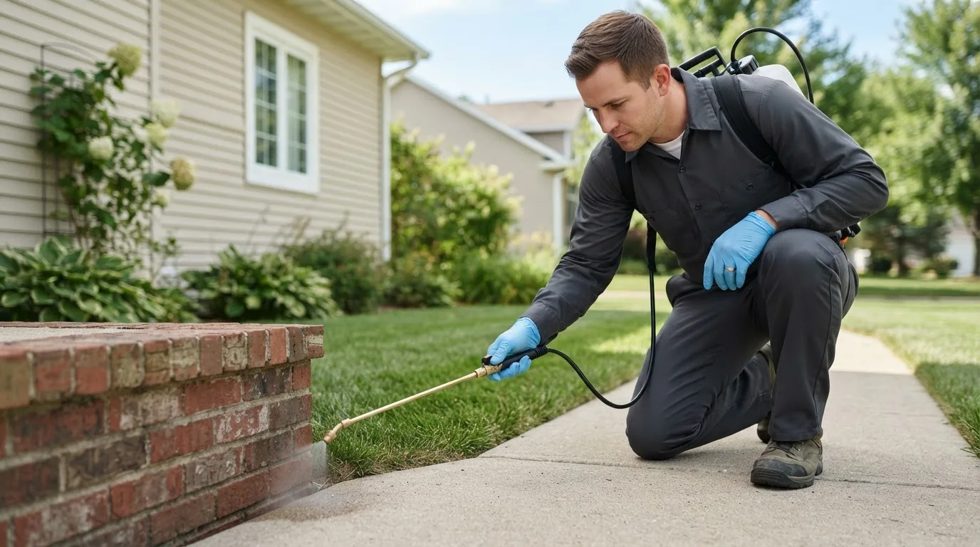 Pest control technician treating a home near Deweese, NE
