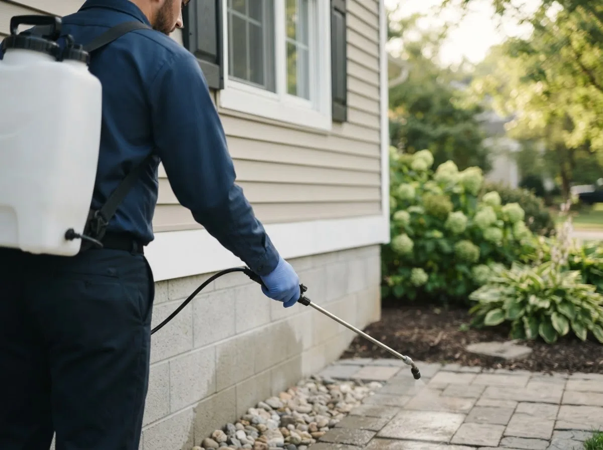 Pest control technician inspecting a home in Deweese, NE